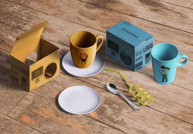 Free Packaging Mockup 3D Coffee - Kraft Pouch W Coffee Cup Mockup In